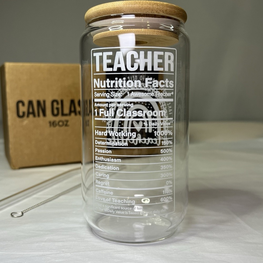 Teacher Appreciation Glass Cup with Lid 2 Straws & Brush 16 Oz New In Box Gift